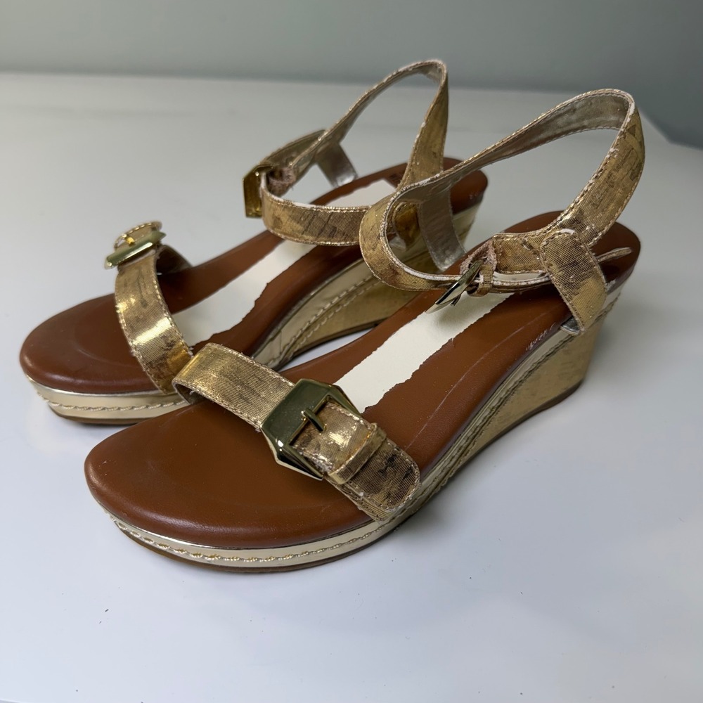 Stuart Weitzman Metallic Gold‎ Wedge Sandals Buckle Straps Size 4 US 36 Euro - Picture 1 of 10